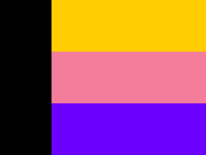 The flag of the Open Republic, it has a vertical black stripe on the left and it yellow, pink and purple stripes (top to bottom) on the right.