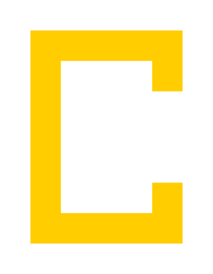 The ClyRail logo, it is a pixelated yellow C.