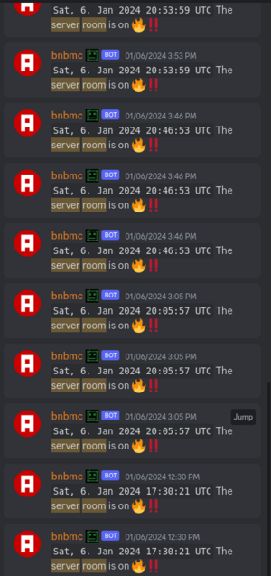 Image of the server crashing with it saying "The server room is on :fire::bangbang:"