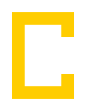 The ClyRail logo, it is a pixelated yellow C.